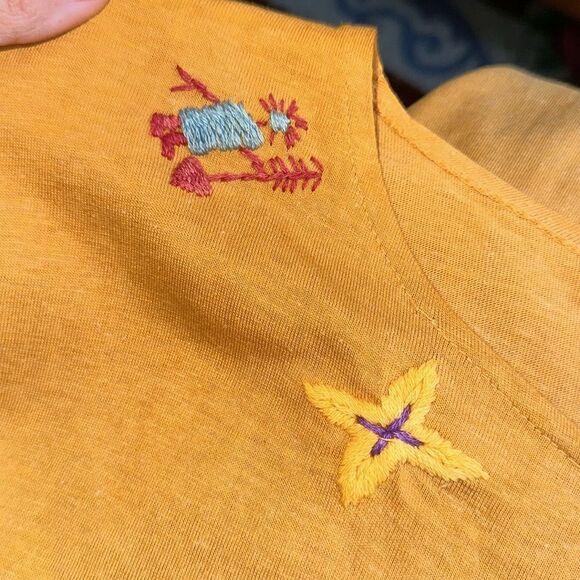 Vintage 80s/90s French Navy Gold/Orange Embroidered Neck & Sleeves Top - Picture 10 of 10